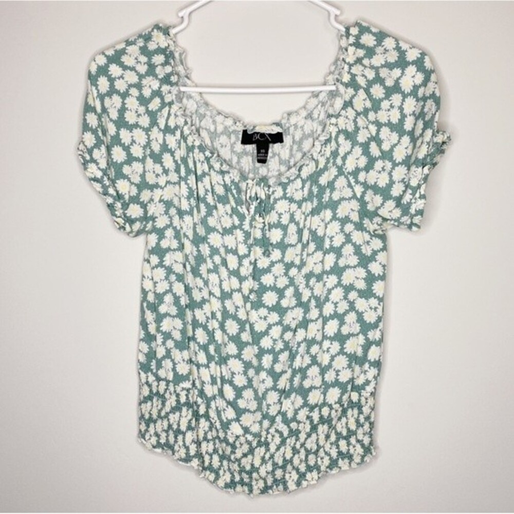 BCX Blouse Floral Print Smocked-Waist Teal Green Short Sleeve Crop Top Size XS